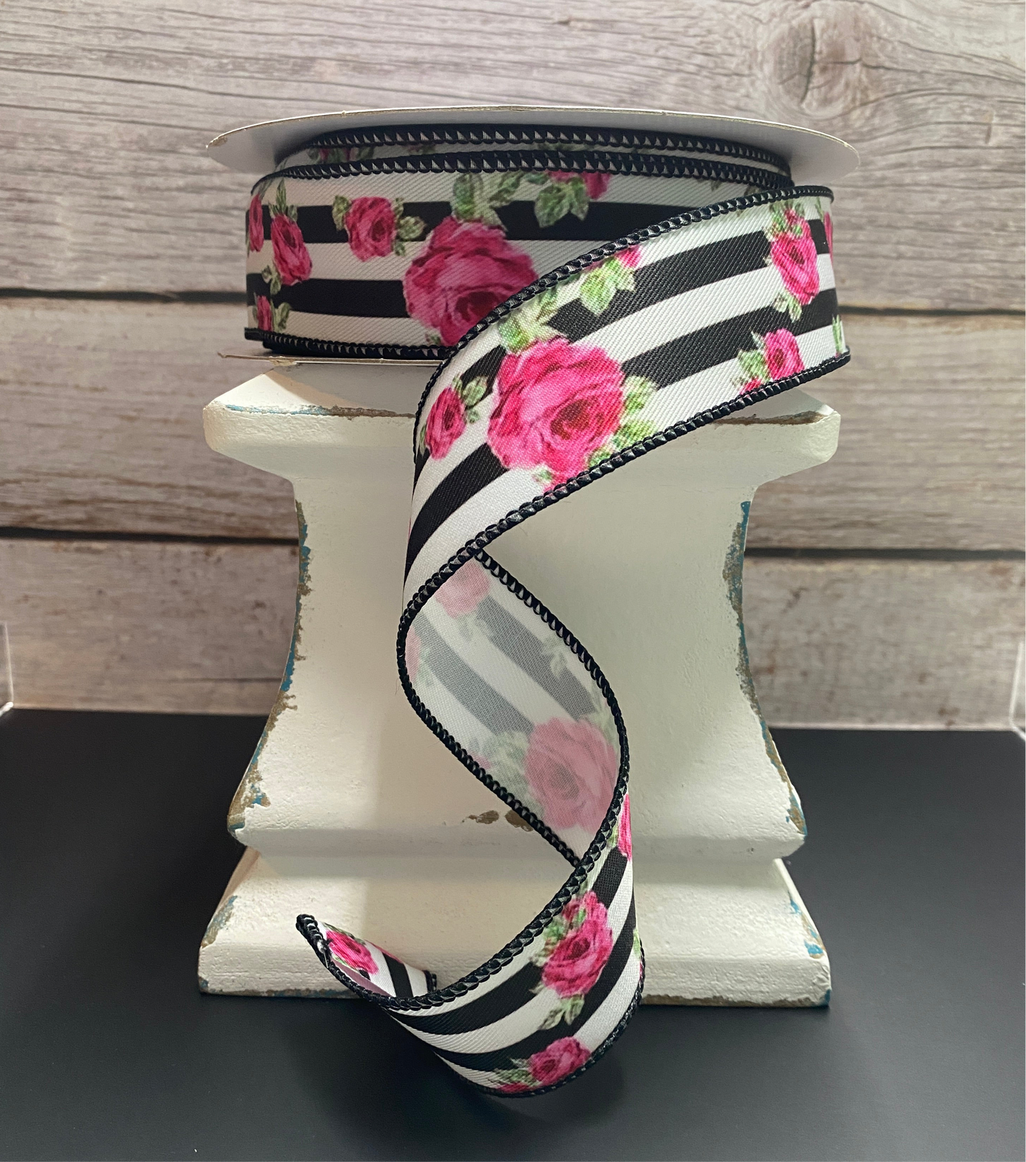 1” x 20yards Pink roses with black & white stripes