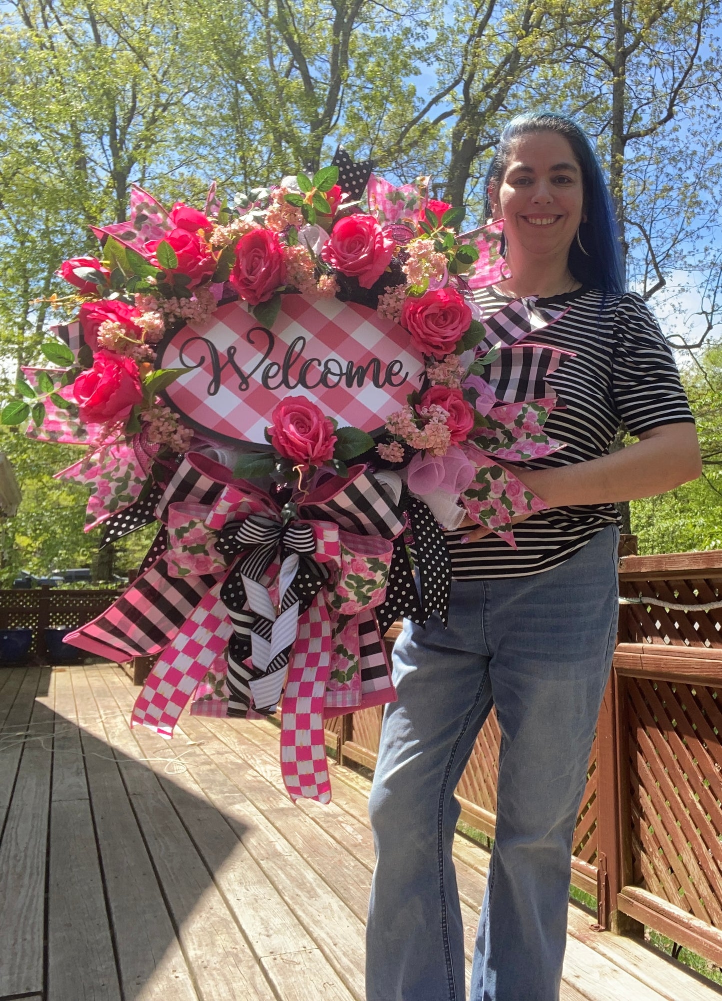Floral black pink and white wreath