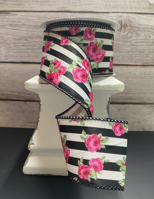 4” x 10yards Pink roses on black and white stripes