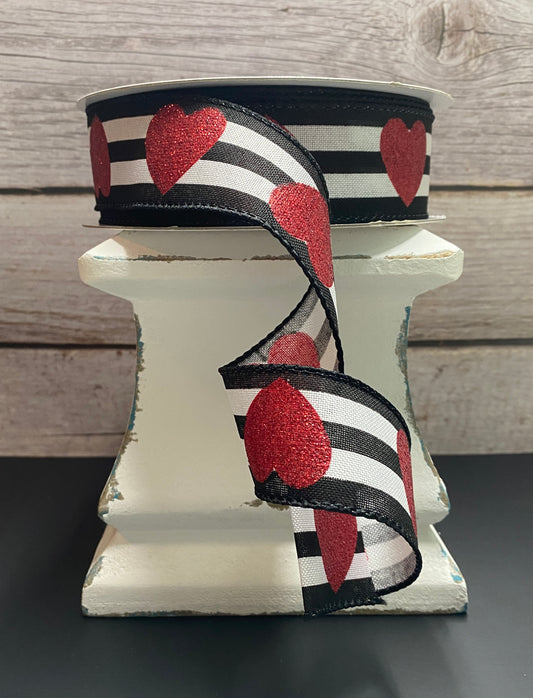 1” x 10yards Glittered hearts on black and white stripes