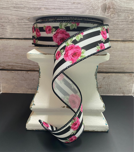 1” x 20yards Pink roses with black & white stripes