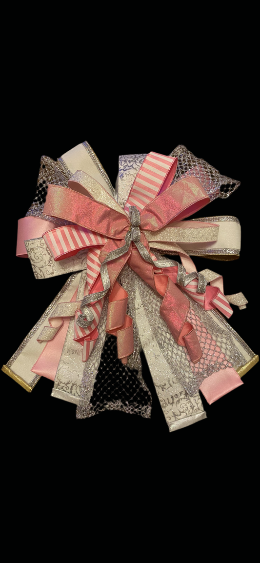 Pink, white, silver bow/tree topper